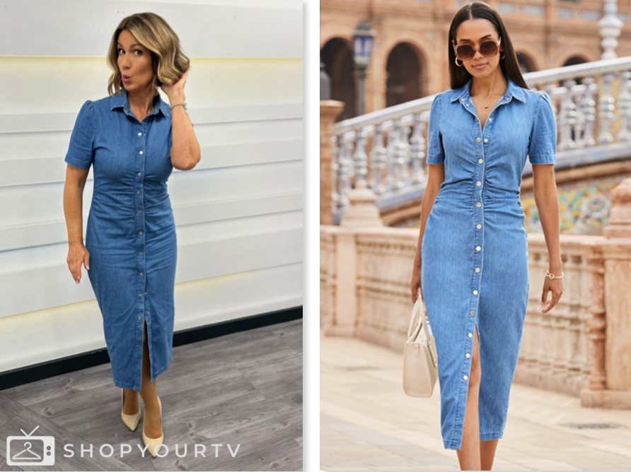 susanna reid denim dress Susanna Reid looks stunning wearing our denim dress on GMB today https://www.sosandar.com/mid-blue-ruched-waist-popper-front-denim-dress-1 Selling fast, shop now!