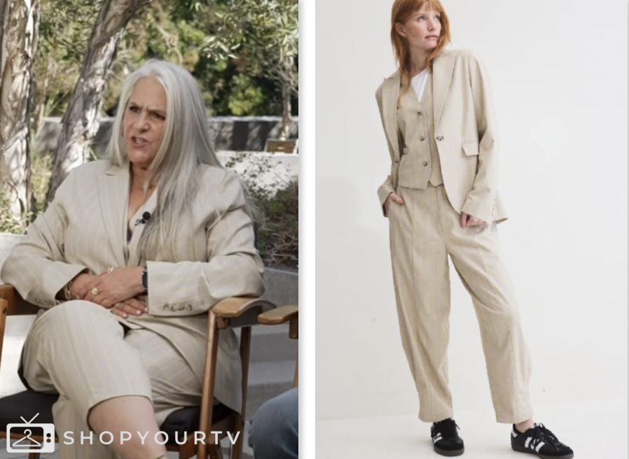 Marta Kauffman, the today show, beige pinstripe blazer, vest, and pant suit