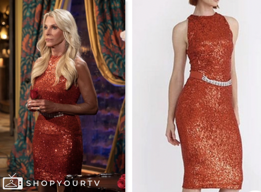 The Golden Bachelorette: Season 1 Episode 6 Joan Vassos's Red Orange Sequin Mini Dress | Shop Your TV The Golden Bachelorette: Season 1 Episode 6 Joan Vassos's Red Orange Sequin Mini Dress | Shop Your TV