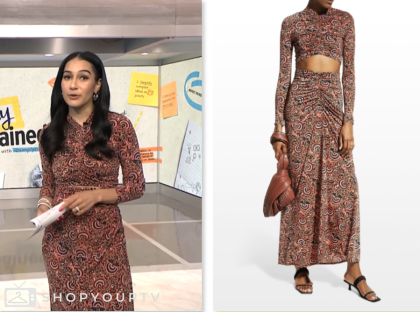 nbc news daily, red printed ruched top and maxi skirt set