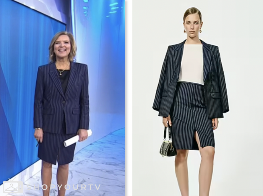 the today show, christine romans, navy blue pinstripe blazer and skirt suit