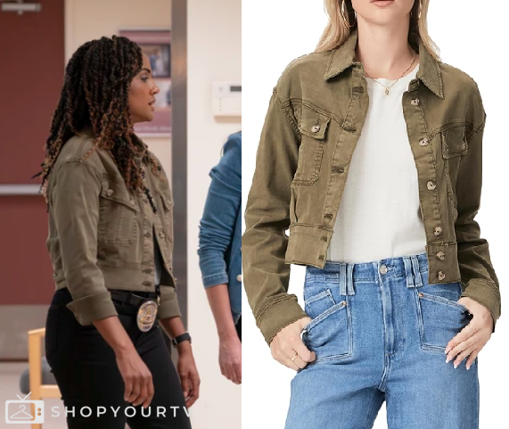 The Rookie Clothes The Rookie: Season 7 Episode 1 Harper's Olive Crop Denim Jacket | Shop ...