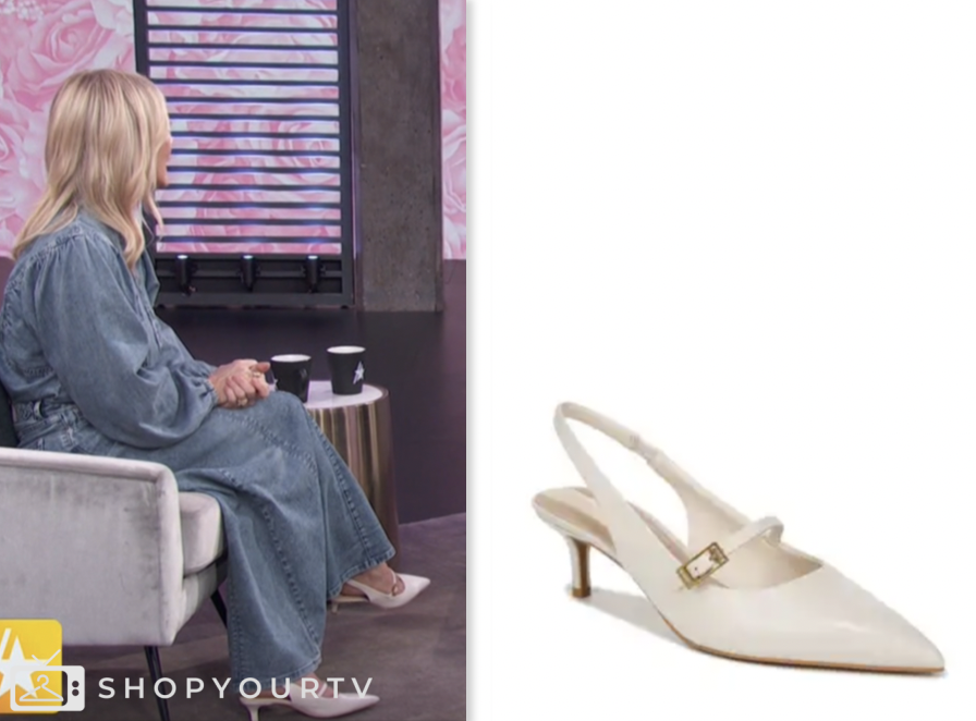 access daily, white kitten heels, Jennie Garth