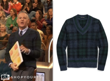 ross mathews, drew barrymore show, green and navy blue plaid v-neck sweater