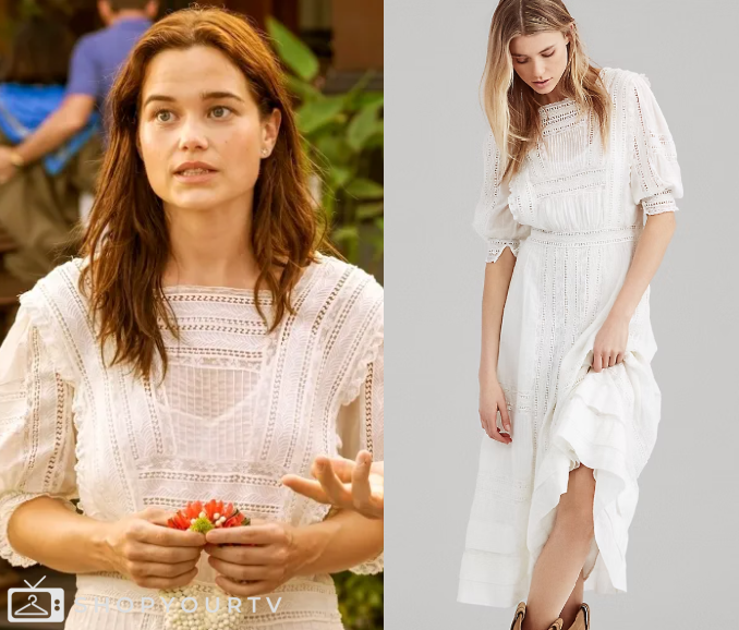 The White Lotus: Season 3 Episode 1 Piper's White Lace Trim Maxi Dress | Shop Your TV The White Lotus: Season 3 Episode 1 Piper's White Lace Trim Maxi Dress | Shop Your TV