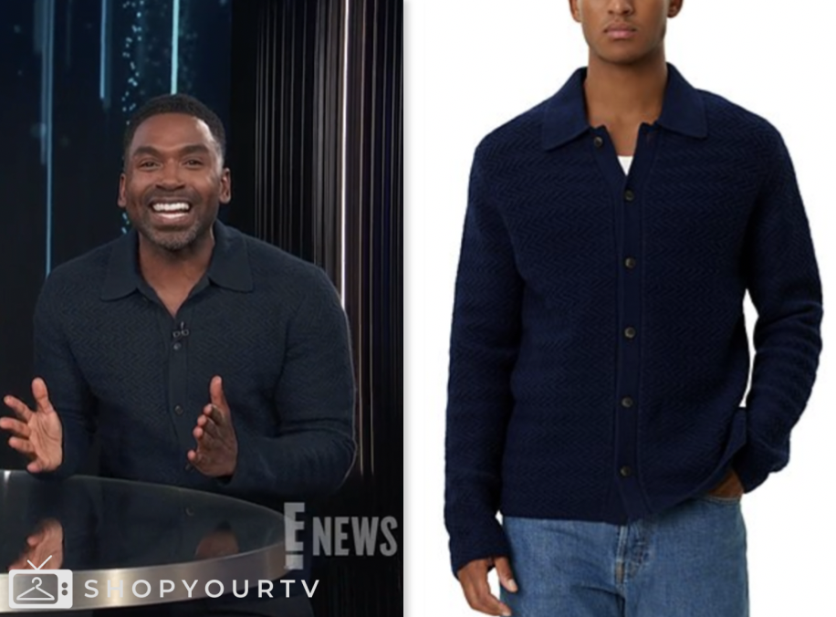 E! News, justin sylvester, blue knit cardigan