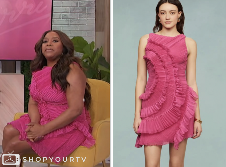 sherri shepherd, sherri, pink ruched ruffle mini dress