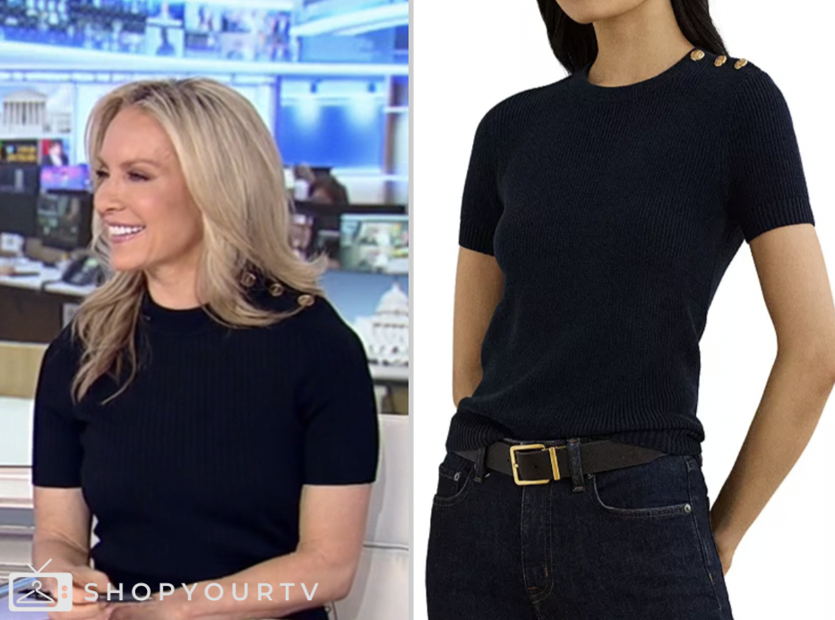 america's newsroom, dana perino, navy button shoulder short sleeve knit sweater top