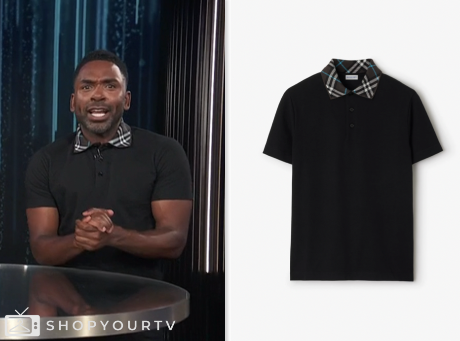 E! News, black plaid collar polo shirt, justin sylvester