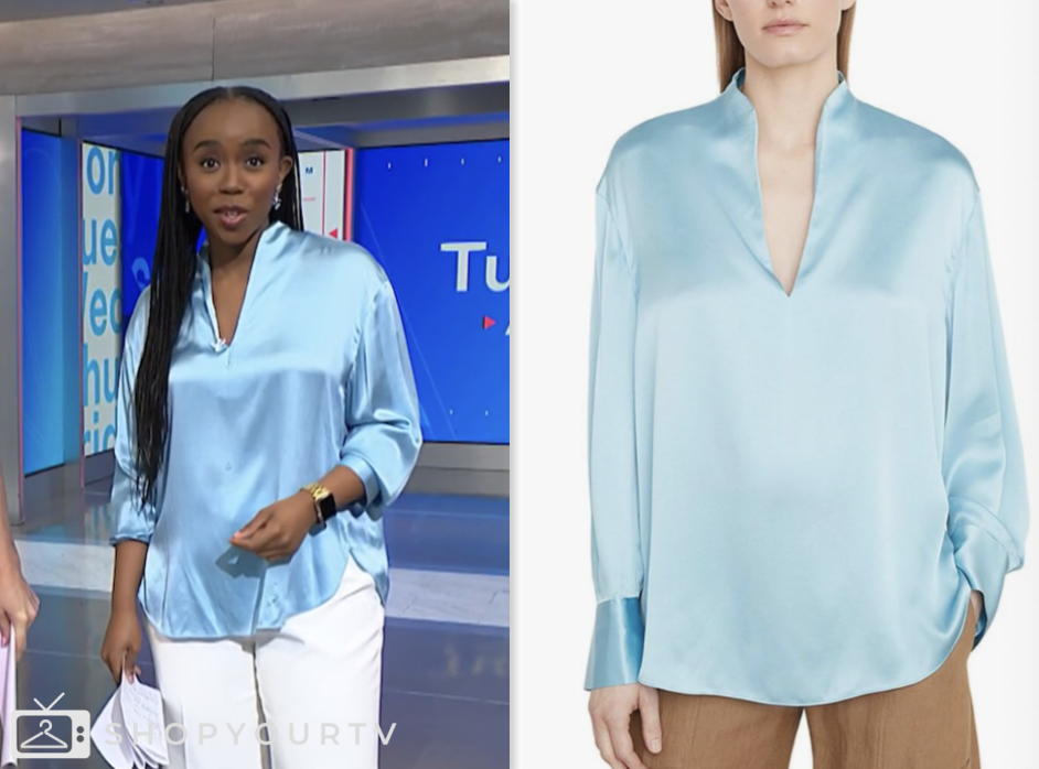nbc news daily, blue satin blouse, Zinhle Essamuah