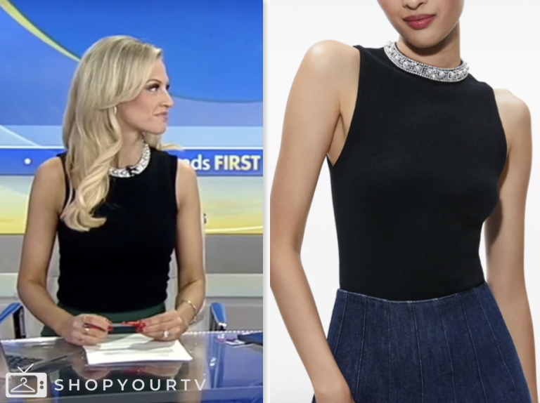 fox and friends, fox news fashion, black embellished trim top, carley shimkus