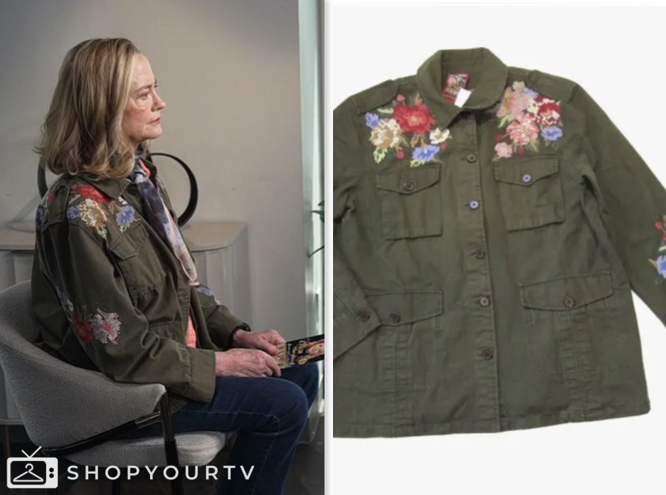 E! News, green floral embroidered shirt jacket, Cybill Shepherd