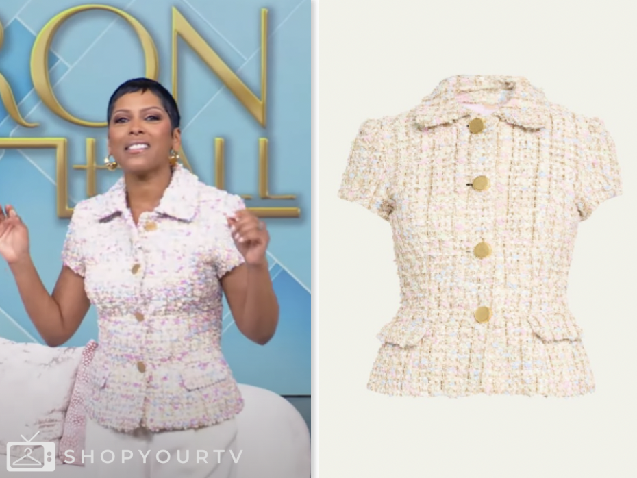 tamron hall show, tamron hall, beige tweed short sleeve jacket