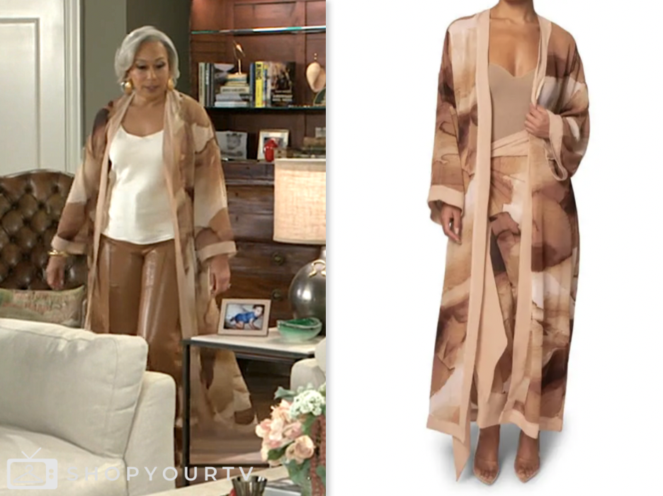beyond the gates, brown printed long cardigan, anita dupree, Tamara Tunie