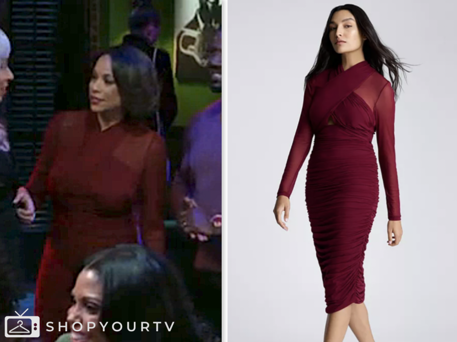 beyond the gates, burgundy red ruched dress, Daphnée Duplaix, Nicole Dupree Richardson