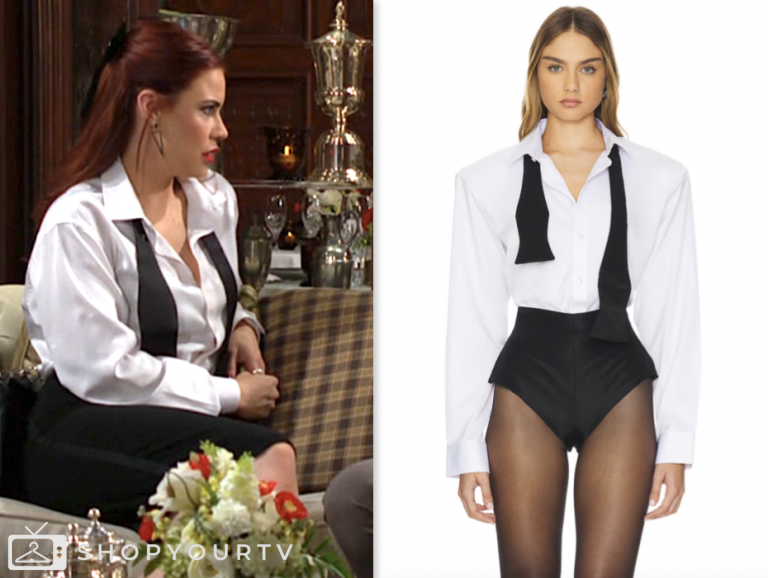 the young and the restless, white bow tie shirt, sally spectra, courtney hope