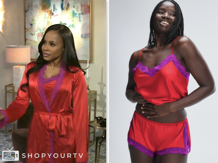 beyond the gates, red and purple satin lace trim sleep camisole top and shorts, Hayley Lawson, Marquita Goings
