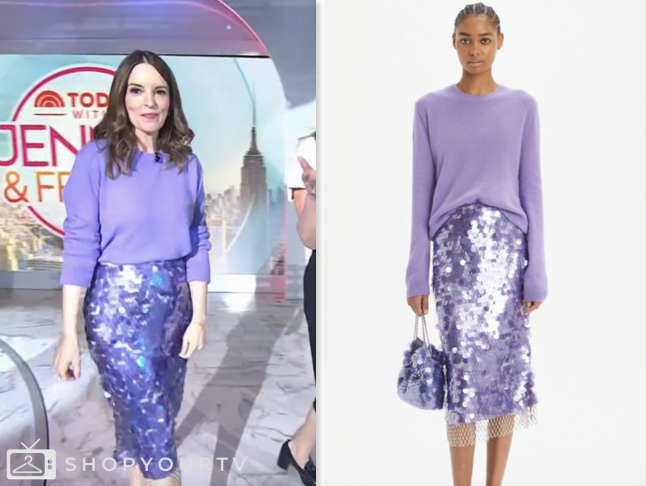 the today show, tina fey, purple sweater and purple sequined skirt, jenna and friends