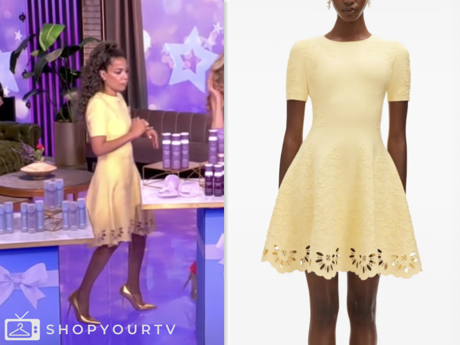 The View: April 2025 Sunny Hostin's Yellow Floral Jacquard Eyelet Hem ...