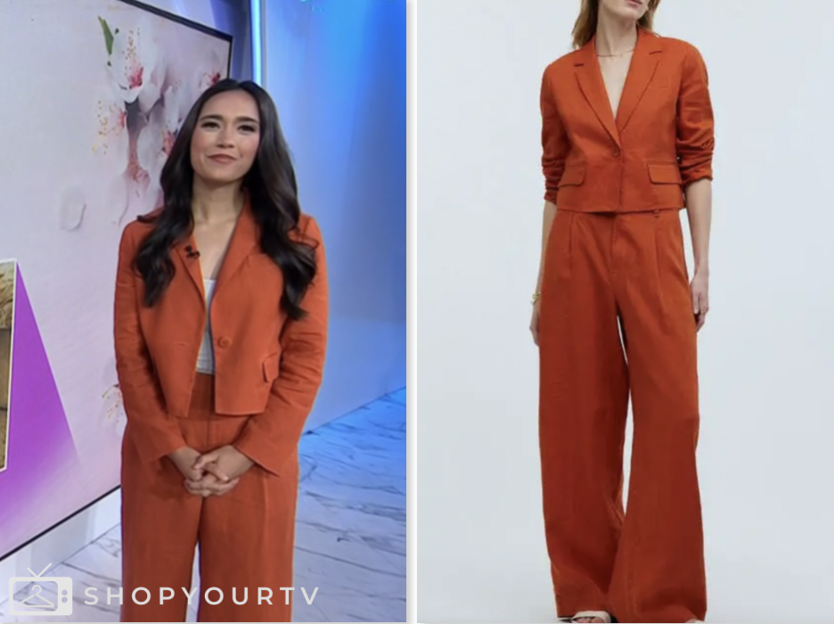 the today show, emilie ikeda, coral red linen blazer and pant suit
