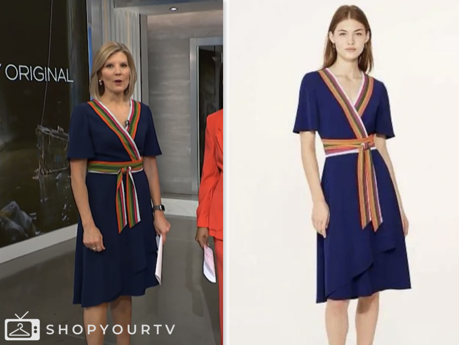 nbc news daily, navy blue stripe trim wrap dress, kate snow