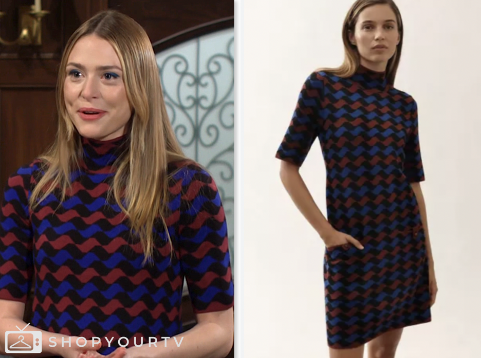 claire grace newman, hayley erin, the young and the restless, red and blue geometric print knit shift dress