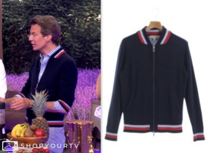 the view, navy stripe trim zip cardigan, adam glassman