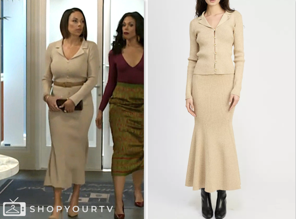 beyond the gates, beige knit cardigan and midi skirt set, Daphnée Duplaix, Nicole Dupree Richardson