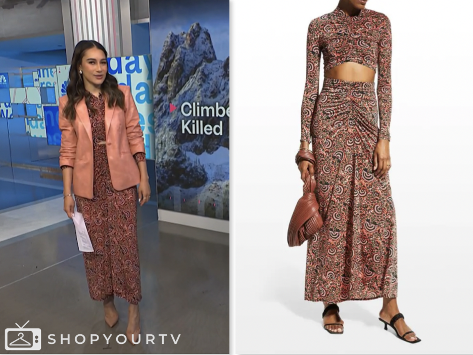 nbc news daily, printed top and skirt set, morgan radford