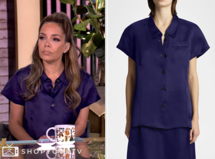 the view, navy blue silk short sleeve shirt, sunny hostin