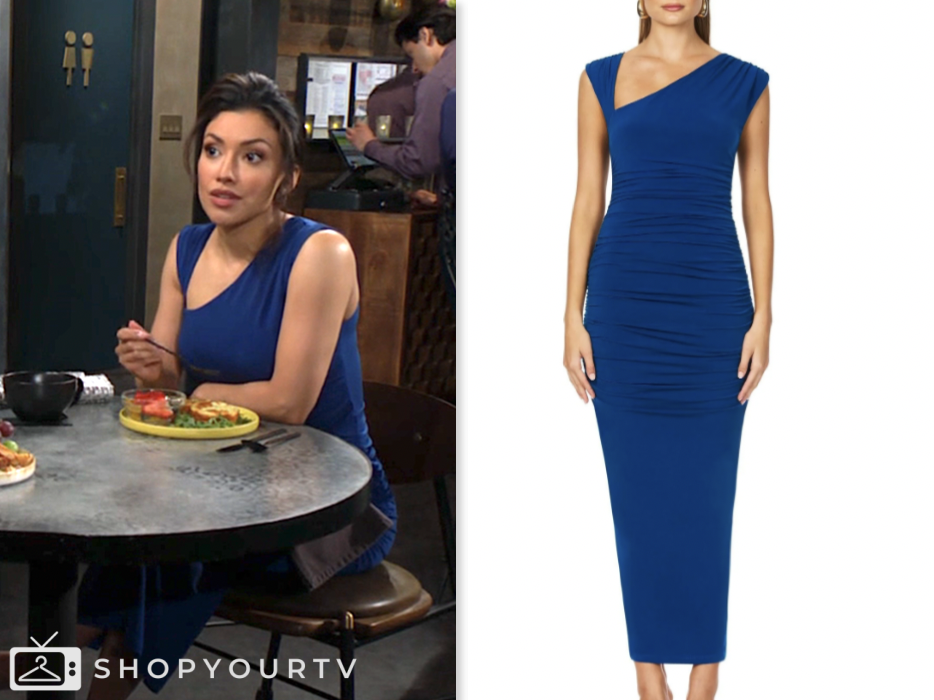audra charles, the young and the restless, blue asymmetric neck midi dress, Zuleyka Silver