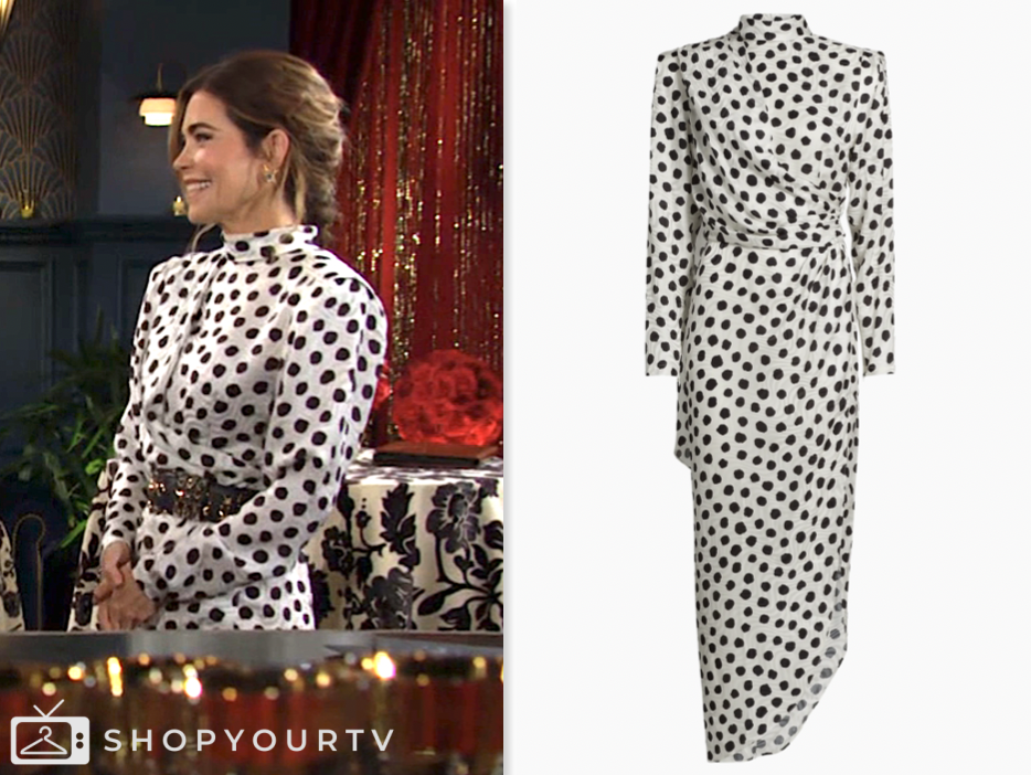 victoria newman, amelia heinle, the young and the restless, white and black polka dot drape midi dress
