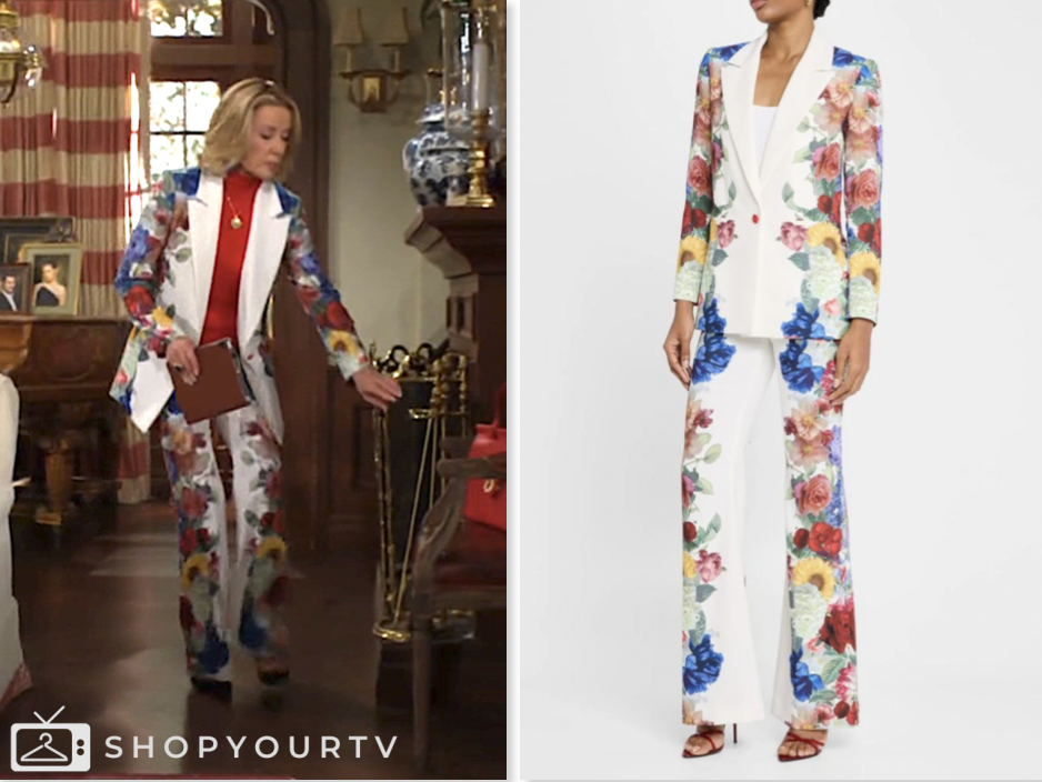 nikki newman, melody thomas scott, the young and the restless, white floral blazer and pant suit