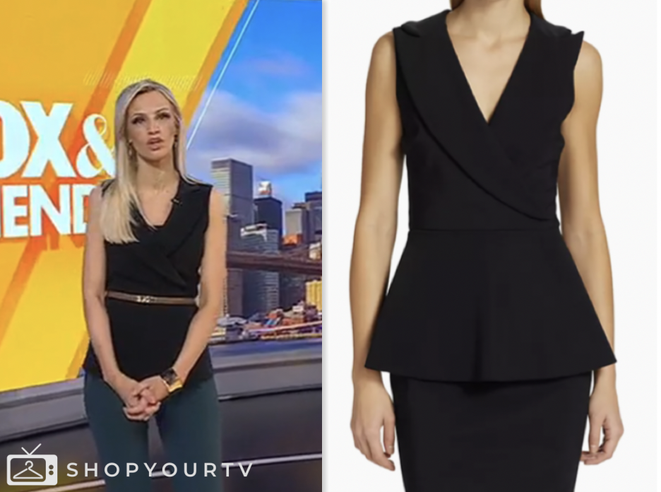 fox and friends, fox news fashion, black peplum wrap vest top, carley shimkus