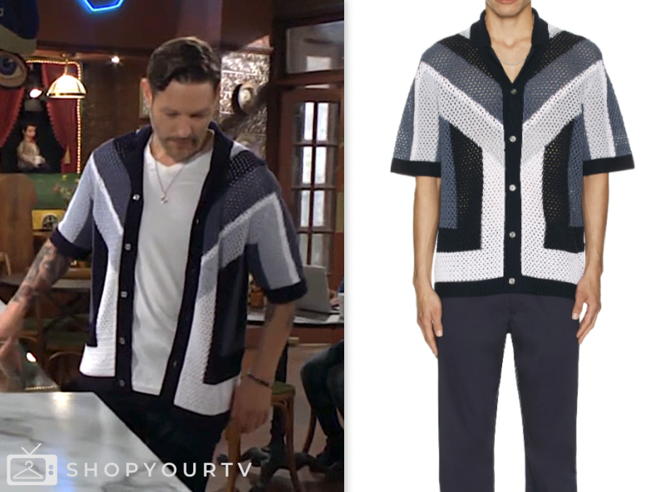 daniel romalotti, the young and the restless, navy crochet knit colorblock shirt, Michael Graziadei