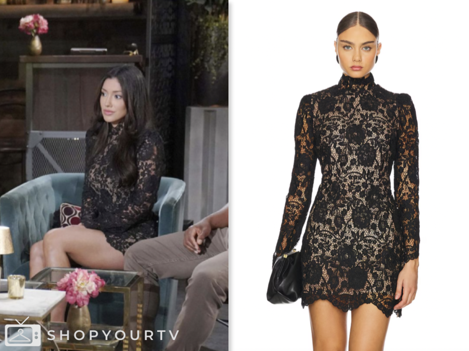 the young and the restless, black lace mini dress, audra charles,