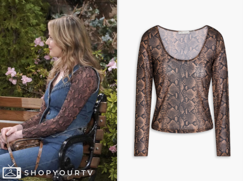 the young and the restless, tessa porter, cait fairbanks, brown snakeskin mesh scoop neck top