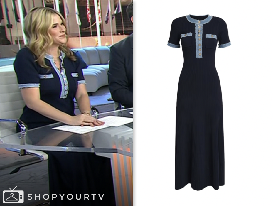 jenna bush hager, the today show, navy blue denim trim knit midi dress, jenna and friends
