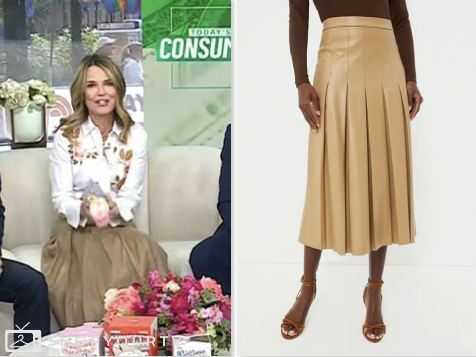 the today show, tan leather pleated midi skirt, savannah guthrie