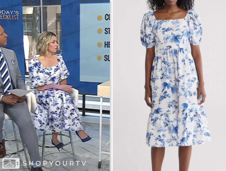 the today show, dylan dreyer, blue and white printed midi dress