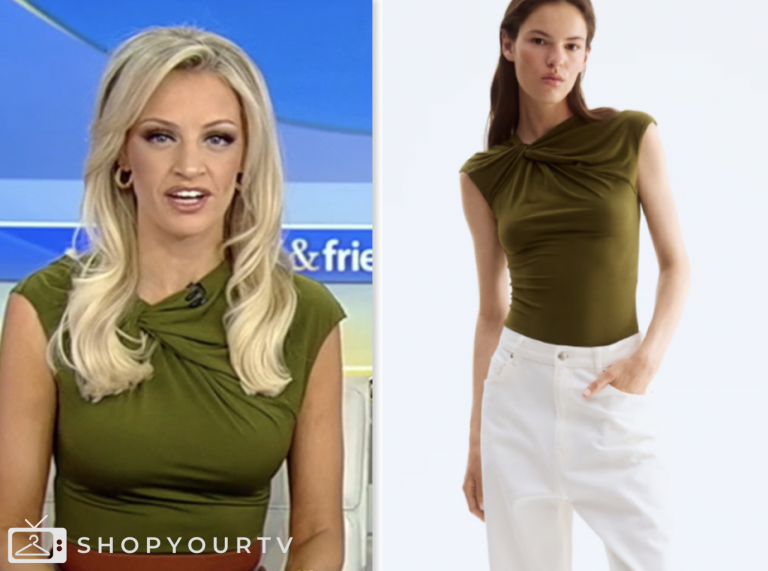 carley shimkus, green twist knot top, fox and friends, fox news fashion