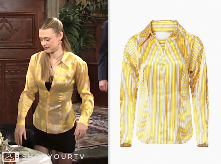 claire grace newman, hayley erin, the young and the restless, yellow satin stripe shirt