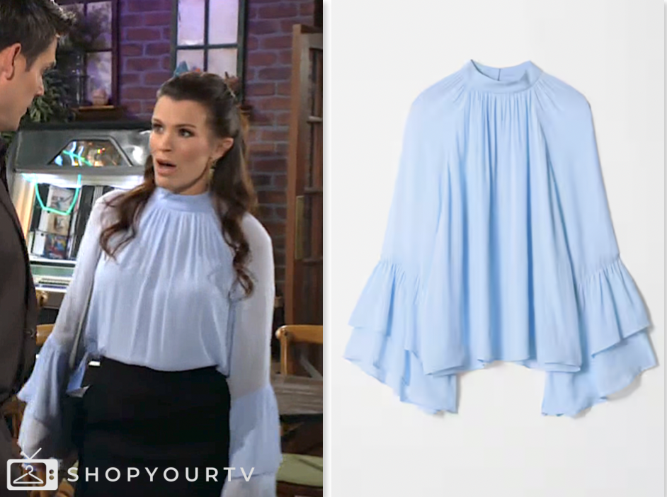 the young and the restless, chelsea newman, melissa claire egan, light blue mock neck blouse