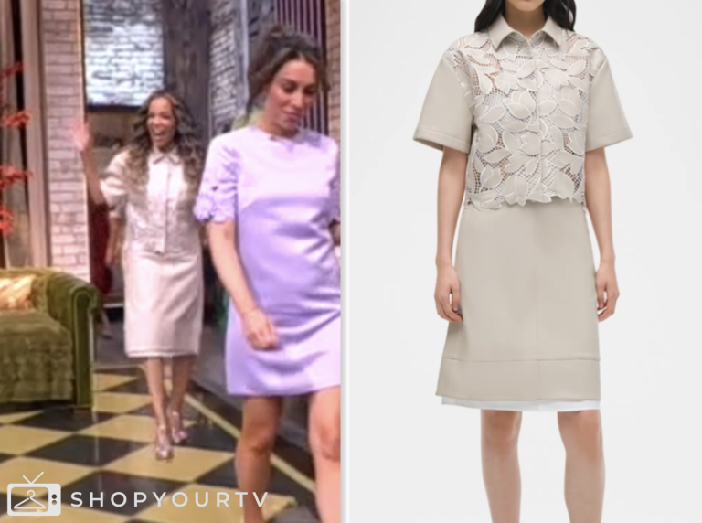 the view, beige leather and lace shirt and skirt, sunny hostin