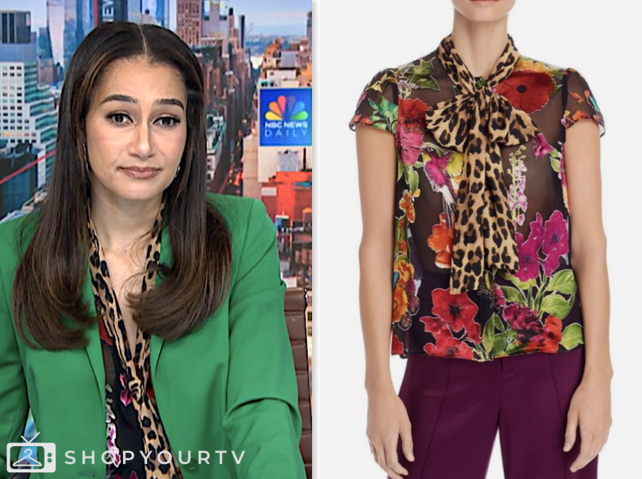nbc news daily, floral leopard tie neck blouse, morgan radford