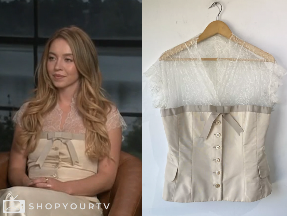 E! News, lace bow silk top, Sydney Sweeney