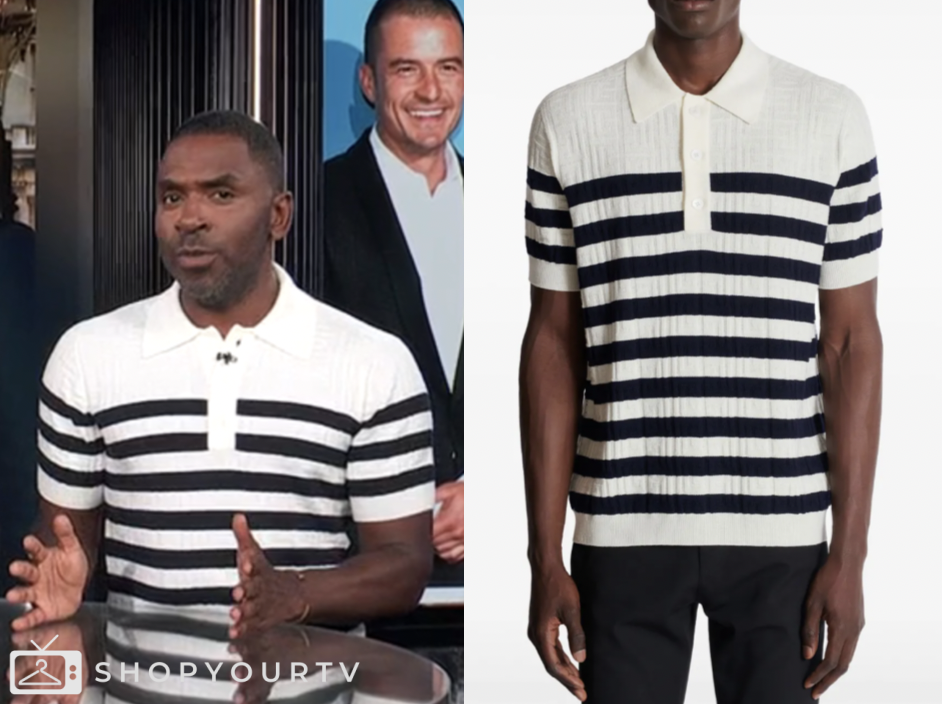 E! News: June 2025 Justin Sylvester's White Striped Knit Polo Shirt ...