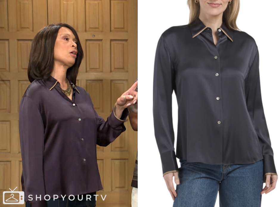 the young and the restless, grey silk contrast trim shirt, amy lewis, Valarie Pettiford