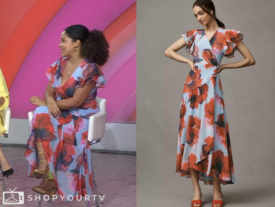 the today show, arianna davis, blue and red floral wrap maxi dress