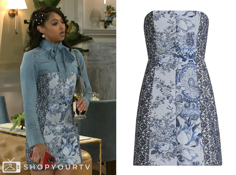Colby Muhammad, kat richardson, blue floral strapless mini dress, beyond the gates